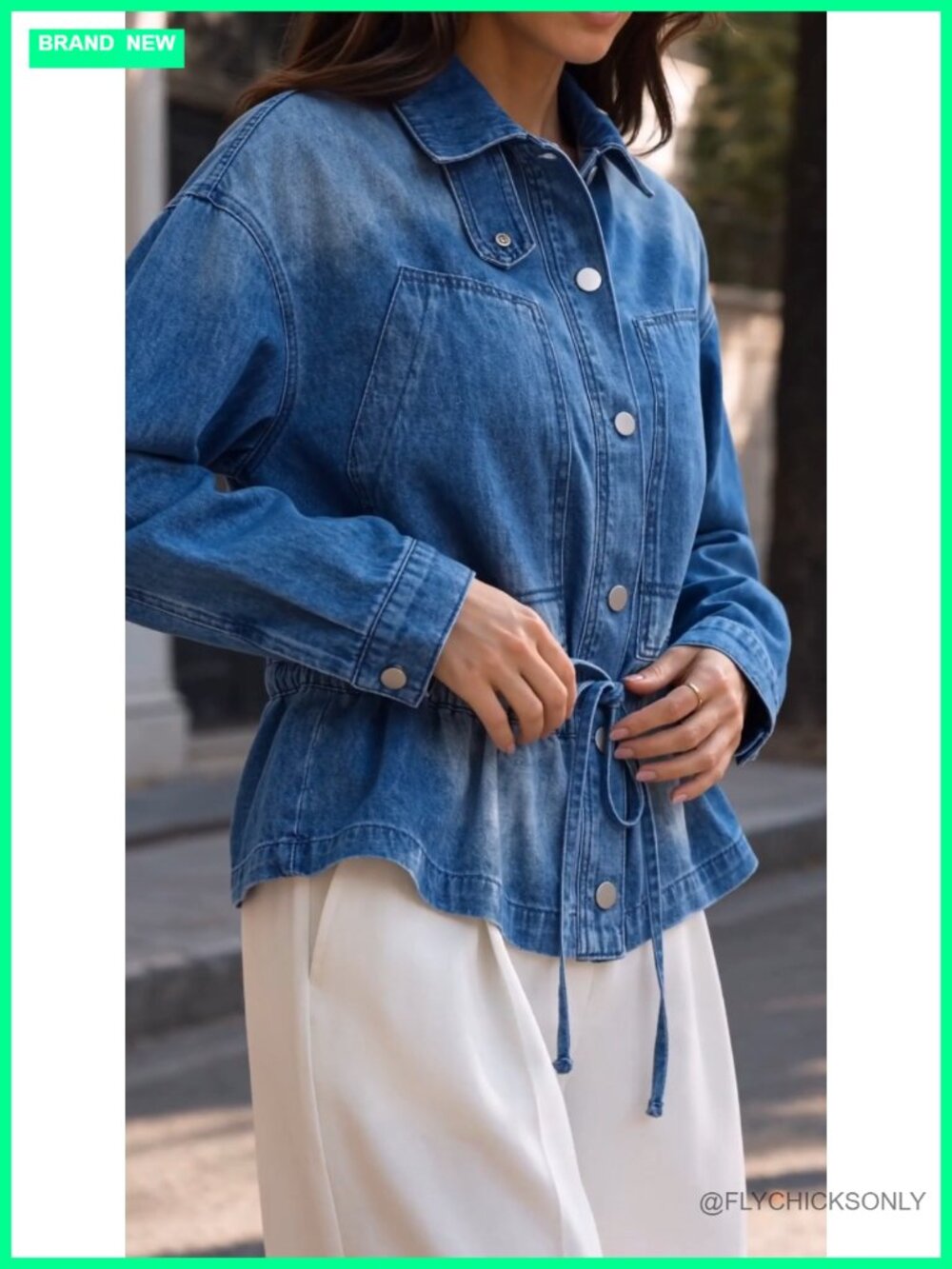 Women's Drawstring Denim Jacket Button Down Collared Shacket Relaxed Fit - Picture 6 of 6